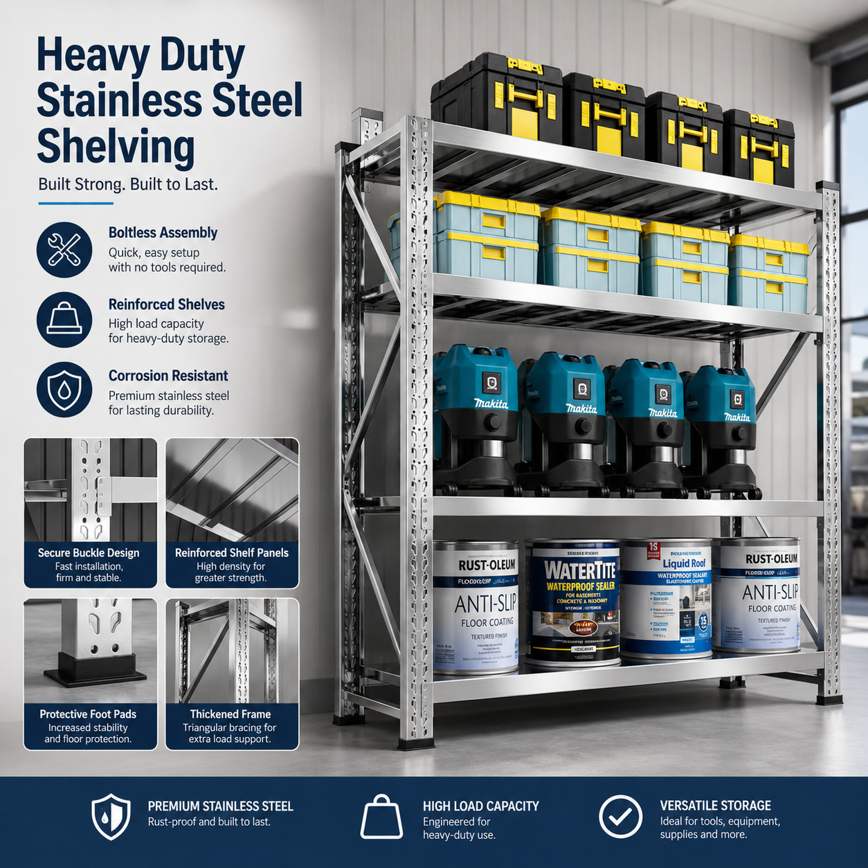 Stainless Steel Rack for Kitchen, Warehouse and Commercial Storage